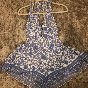 Blue and white floral romper